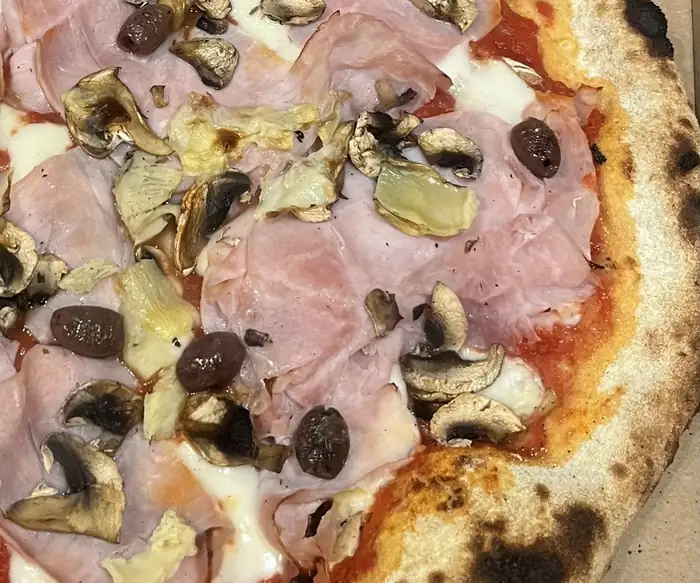 Pizza z szynką, pieczarkami i oliwkami